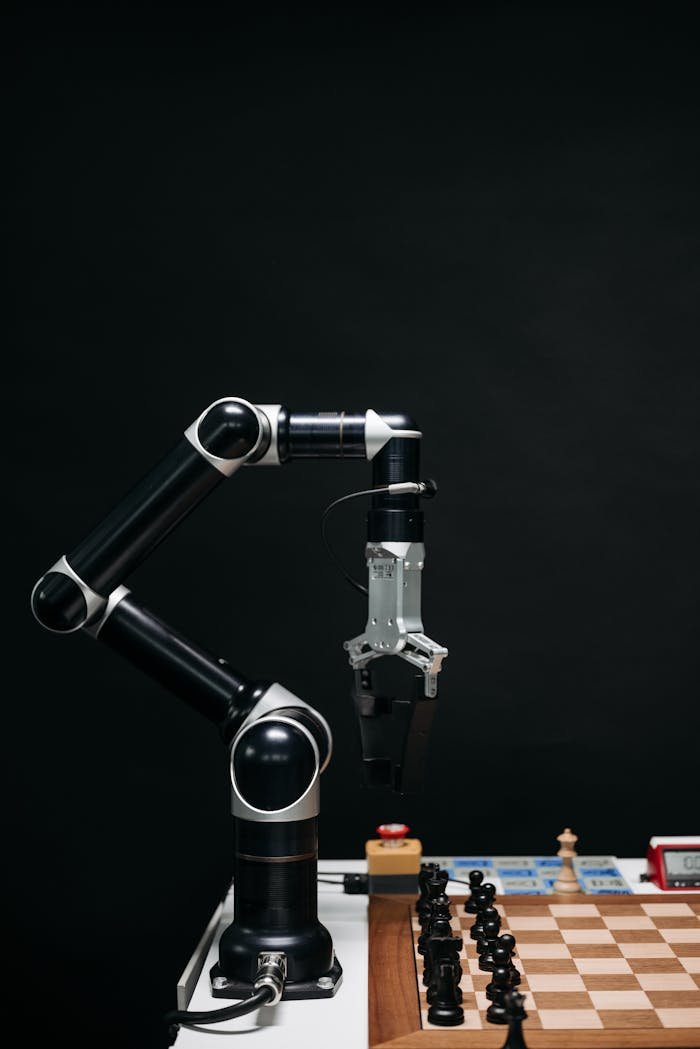 gallery-04 A robotic arm strategically playing chess, symbolizing AI innovation.